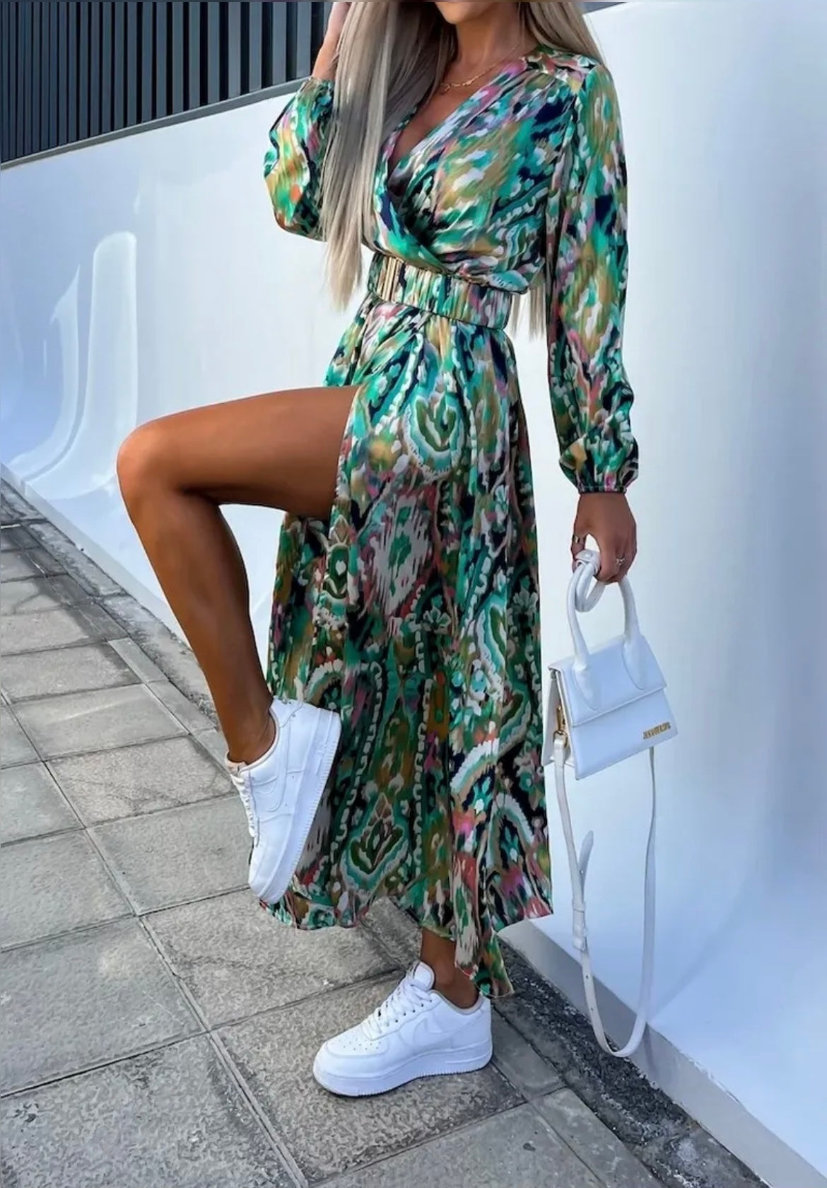 Maxi jurk | Green print satijn met riem