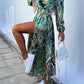 Maxi jurk | Green print satijn met riem