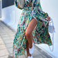 Maxi jurk | Green print satijn met riem